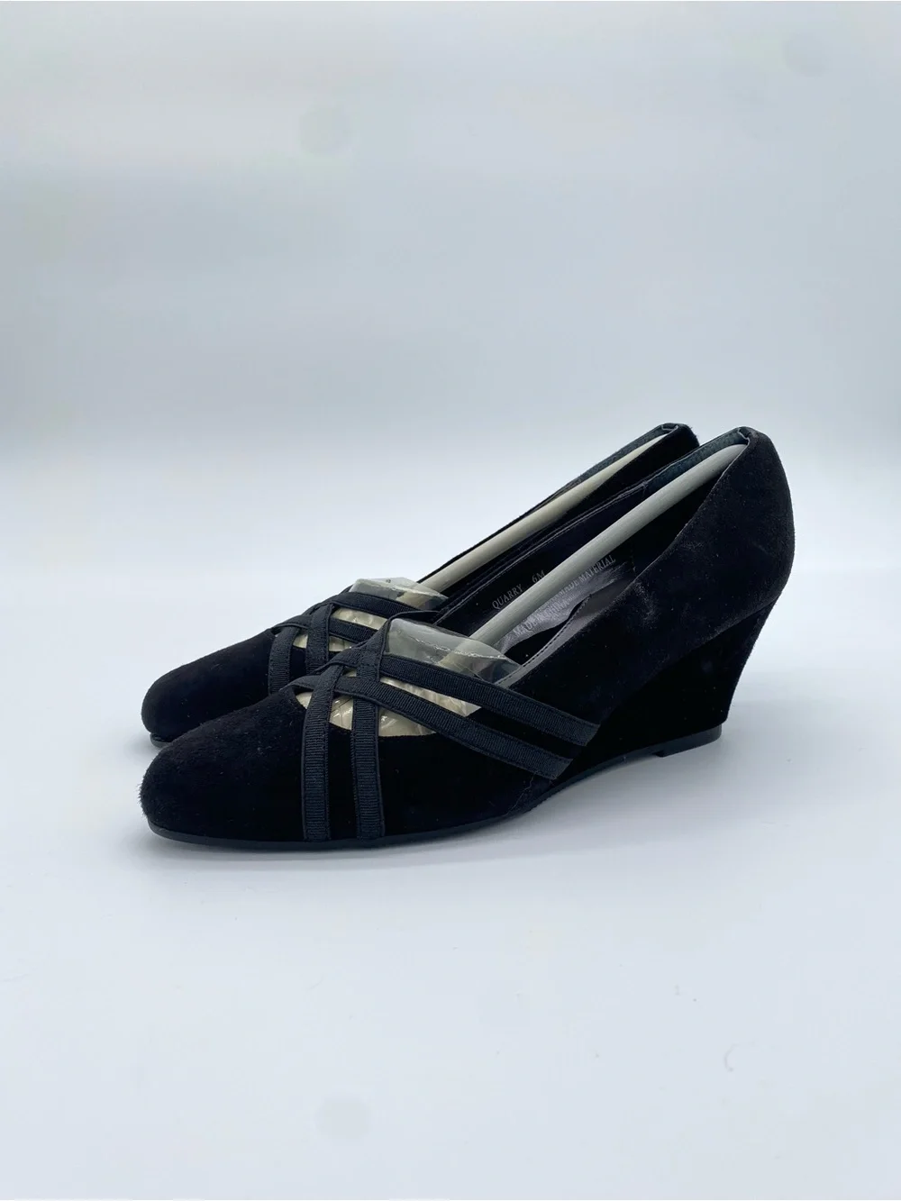 Elegant Vintage Black Suede Crisscross Wedge Pumps‎ Deadstock